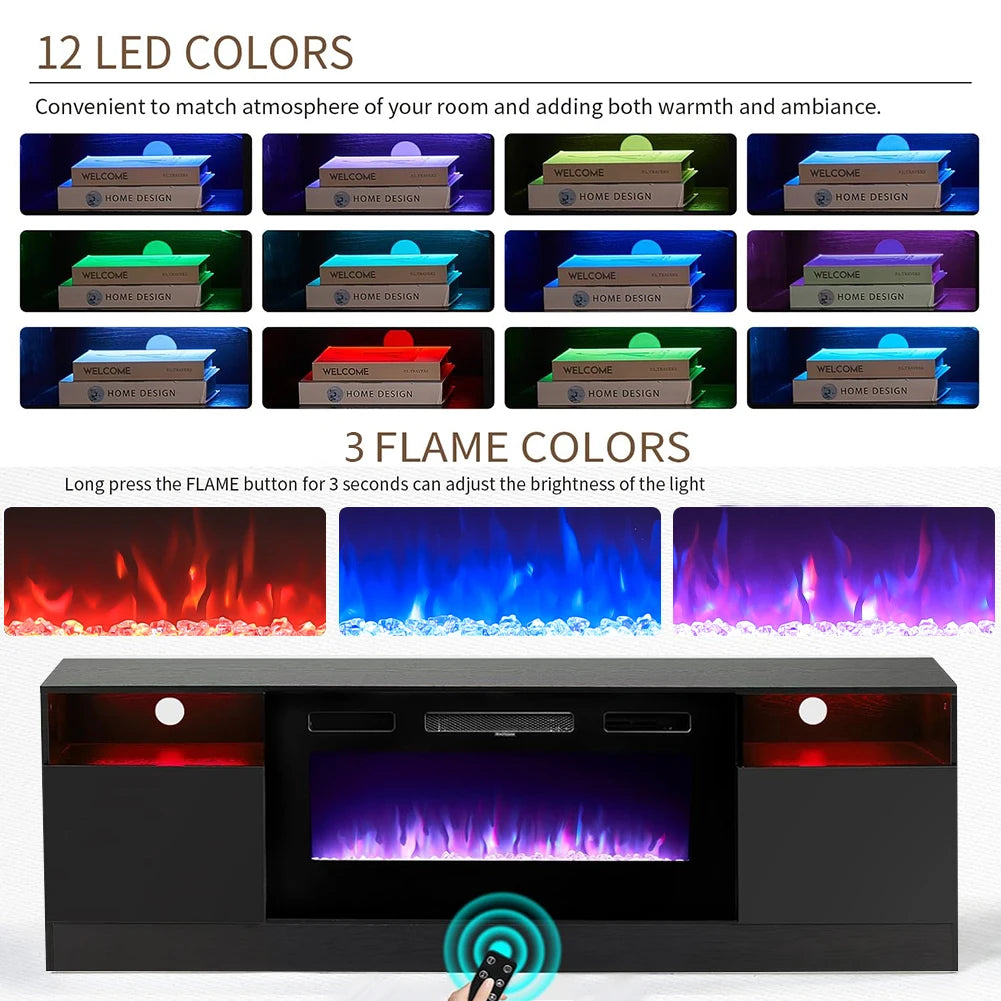 KOMORE Recessed Electric Fireplace TV Stand with Closed Storage, Overheating Protection, 12 Colors, 1-8H timer, Black&White