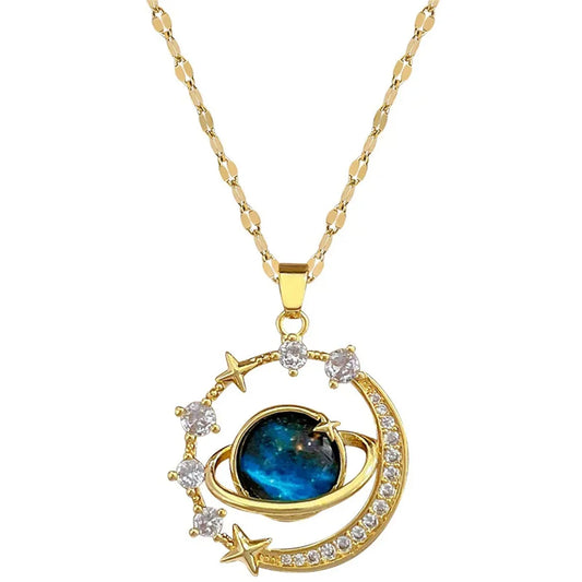 Exquisite Starry Sky Planet Light Luxurious Temperament Gorgeous Necklace Star and Moon Versatile Stainless Steel Clavicle Chain