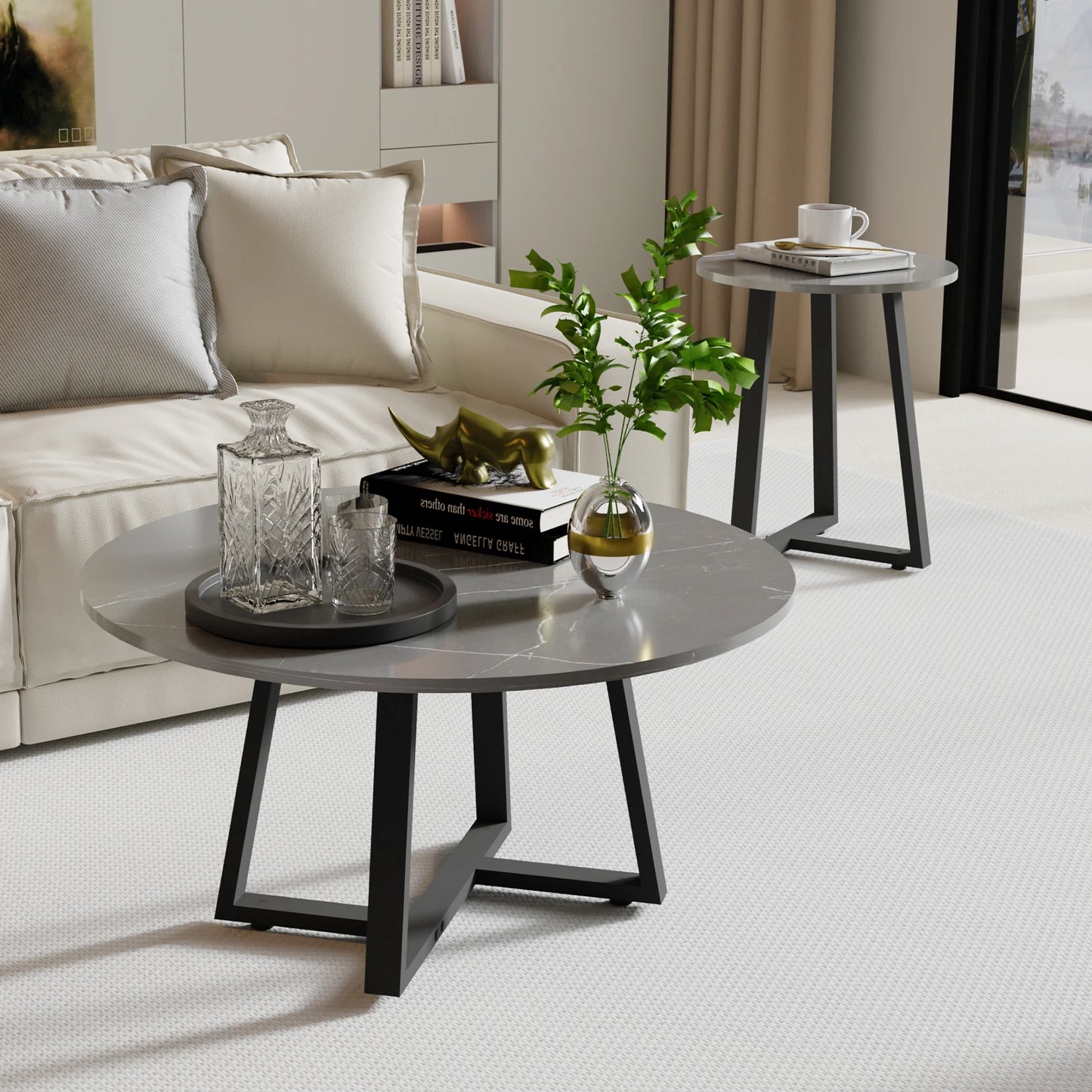 Modern Nesting Coffee Table, Round Accent Cafe Table, Side End Table, Grey Sintered Stone, Metal Frame, Set of 2