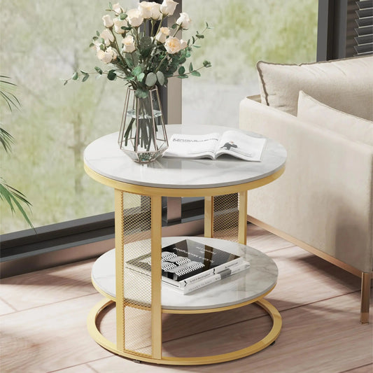 Marble Effect Coffee Table, Large Sofa Side End Table, Golden Metal Frame, 2 Tier, Home Living Room Furniture