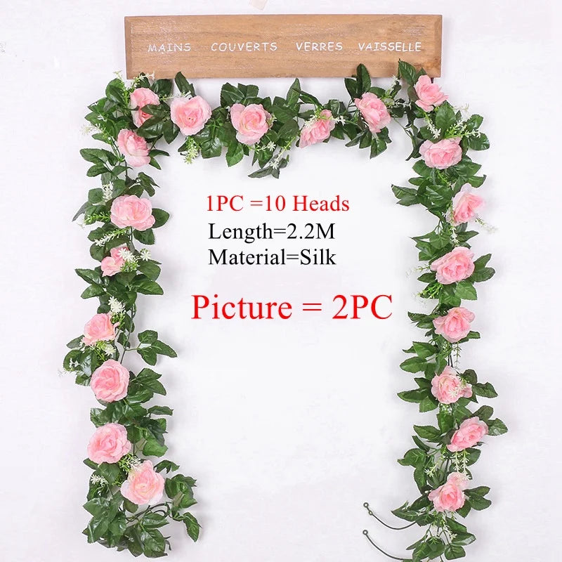 2.2M Artificial Rose Vine with 10 Blooms White pink Faux Floral Hanging Decor for Wedding Indoor Durable Plastic Plant