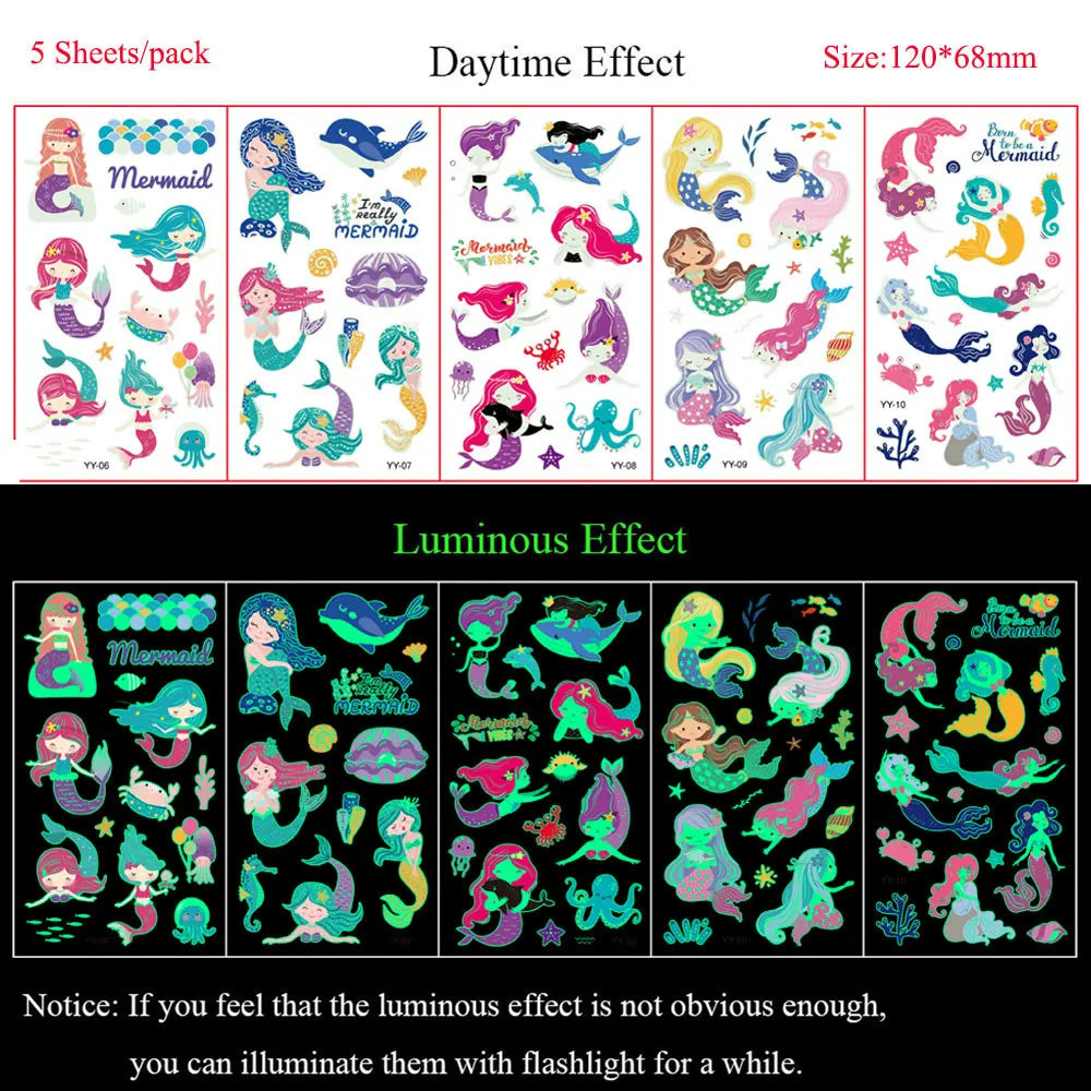 5 Sheets Luminous Tattoo Stickers Colorful Animal Mermaid Dinosaur Temporary Tattoos for Hand Body Fake Tattoo Waterproof
