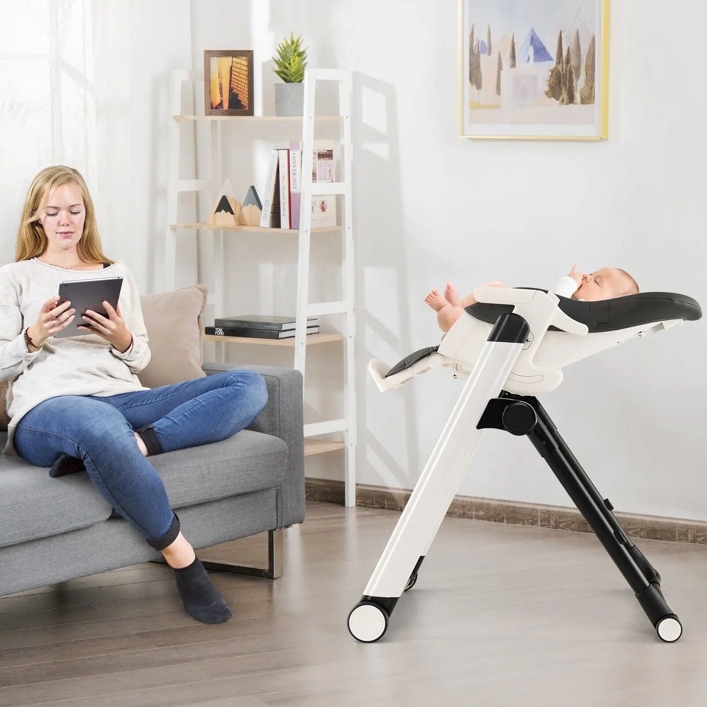 GOFLAME Foldable Baby High Chair Feeding Chair With Recline Backrest Detachable Trays