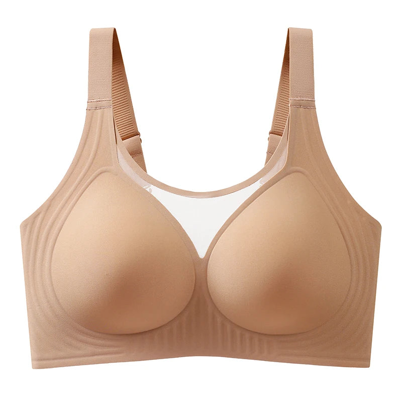 Plus Size Jelly Gum Full Cover Semi Fixed Large Cup Lace Underwear Anti Glare Mesh Woman Bra Comfortable Gathering