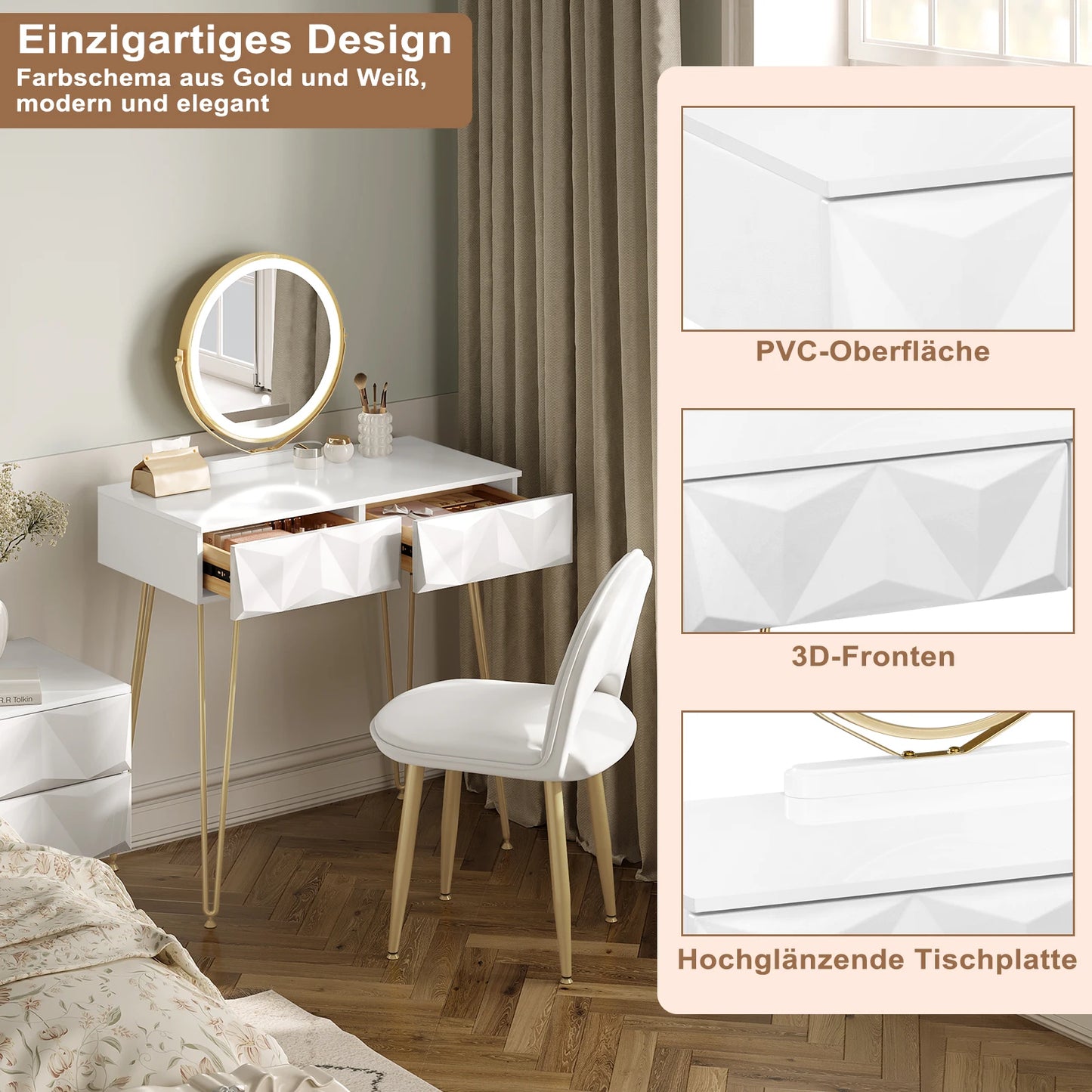 Dressing Table Vanity Cosmetic Table dresser with LED Light in 3 Light Colours Velvet Chair 2 Drawers 360° Rotating Mirror