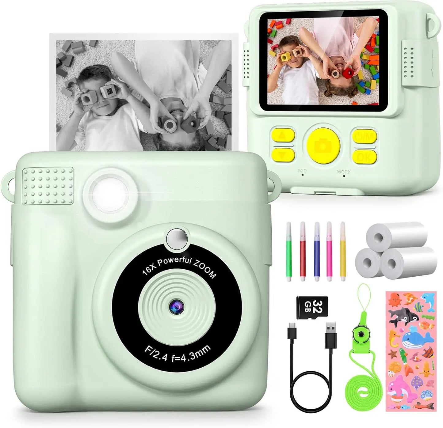 Kids Digital Camera 2.4" 1080P HD Video Camera Portable Instant Print Camera with 32GB Card, Birthday Gift for Boys Girls 3-12