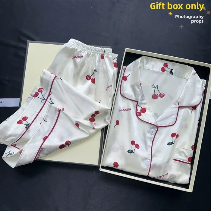 Cherry Print Pajamas Set for Women Summer Satin Two Piece Sleepwear Short Sleeve Shirt and Shorts Casual Fashion Homewear