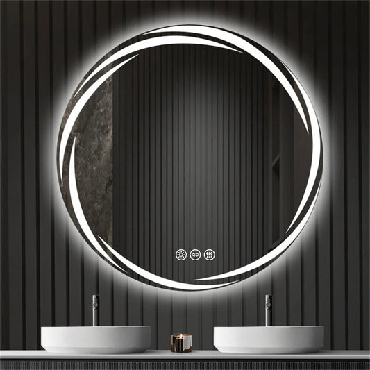 Anti-fog LED Bathroom Mirror Circle Backlit HD Wall Mounted Vanity Mirror Shatterproof 3 Colors Lights Adjust