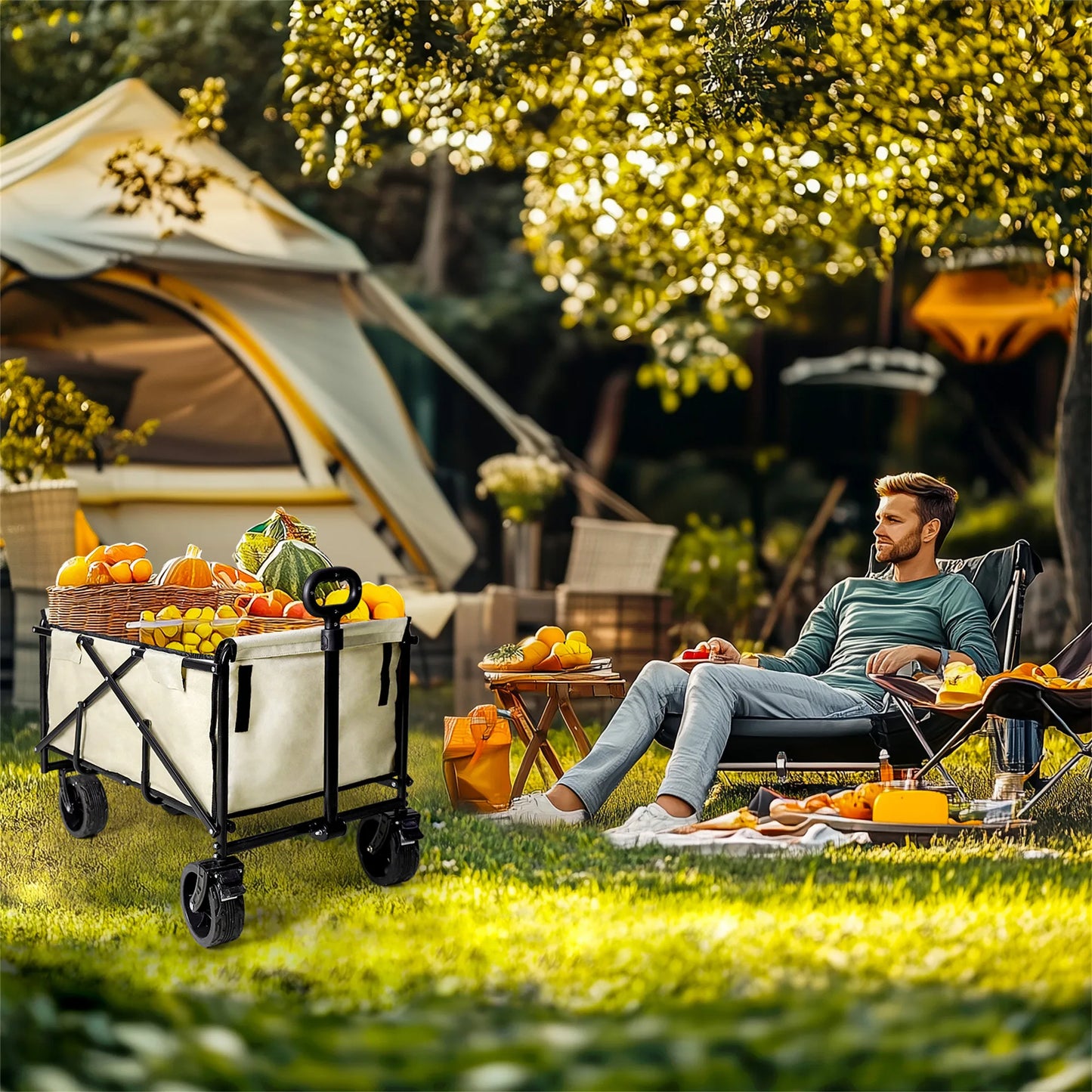Wisfor 440 Lbs Foldable Wagon Cart , Heavy Duty Metal Garden Cart with Adjustable Handle for Camping Shopping Beach