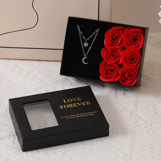 Valentine's Day Jewelry Gift Packaging Box 6 Rose Pendants Ring Bracelet Eternal Flower Window Opening Jewelry Box Romantic Bag
