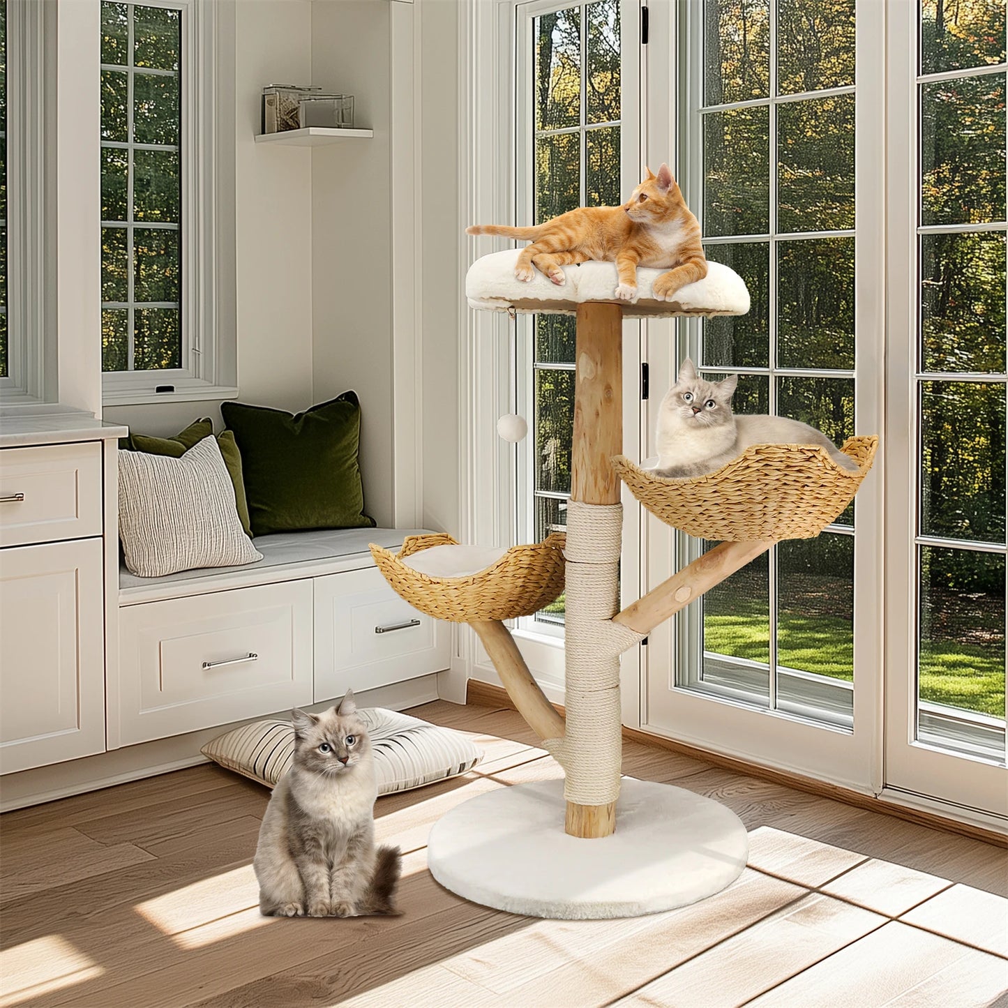 Modern Cat Tree Activity Tower with Plush Cushion and Toy Ball Sisal Scratching Post Kitten Play House for Indoor