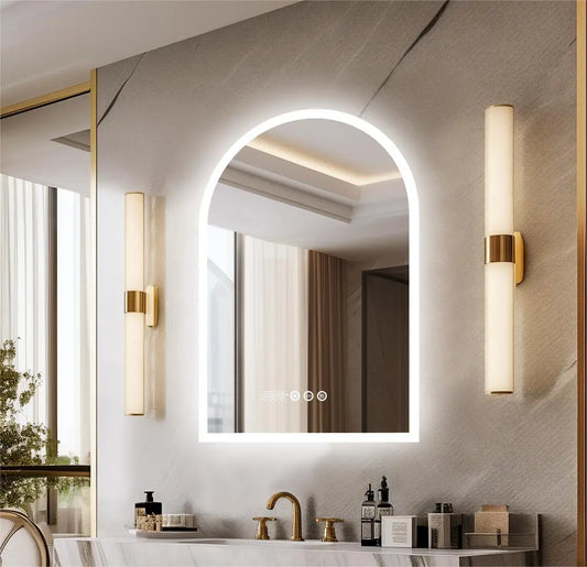 60x90CM Vertical Arch-Shape LED Bathroom Mirror Backlit Frameless Lighted Antifog Mirror Time Temperature Display