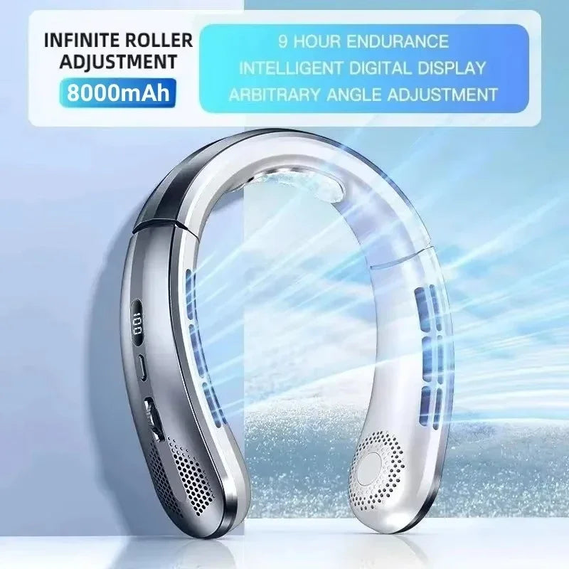 8000mAh USB Hanging Neck Fan Portable Bladeless Mini Rechargeable Mute LED Digital Display Electric Fans Air Cooler New