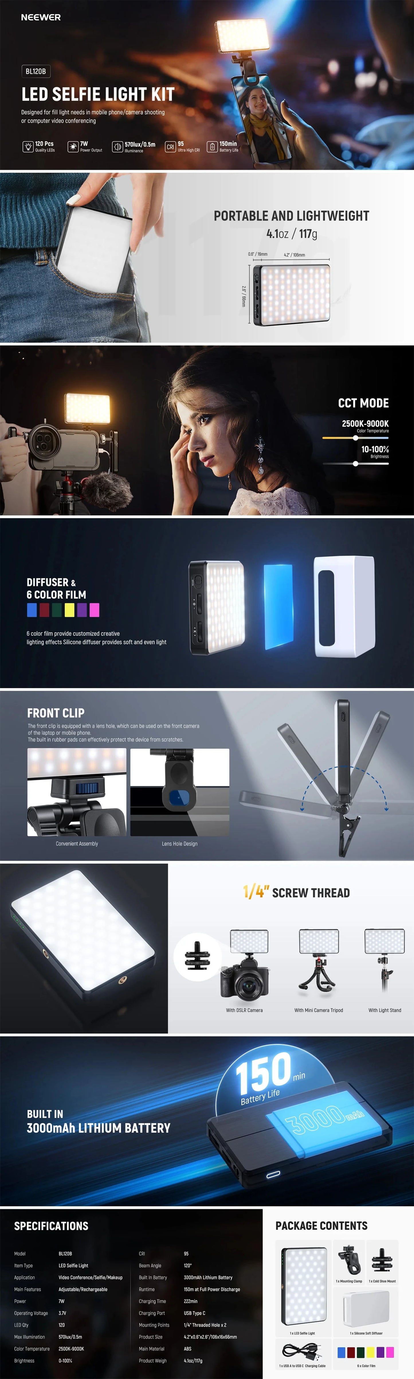 NEEWER BASICS LED Selfie Phone Light, Rechargeable 2500-9000K Clip On Fill Light, Color Films/Diffuser/3000mAh for iPhone Camera