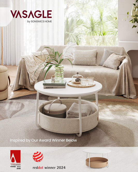 VASAGLE Coffee Table with Storage, Round Center Table for Living Room with Fabric Basket, Modern Style