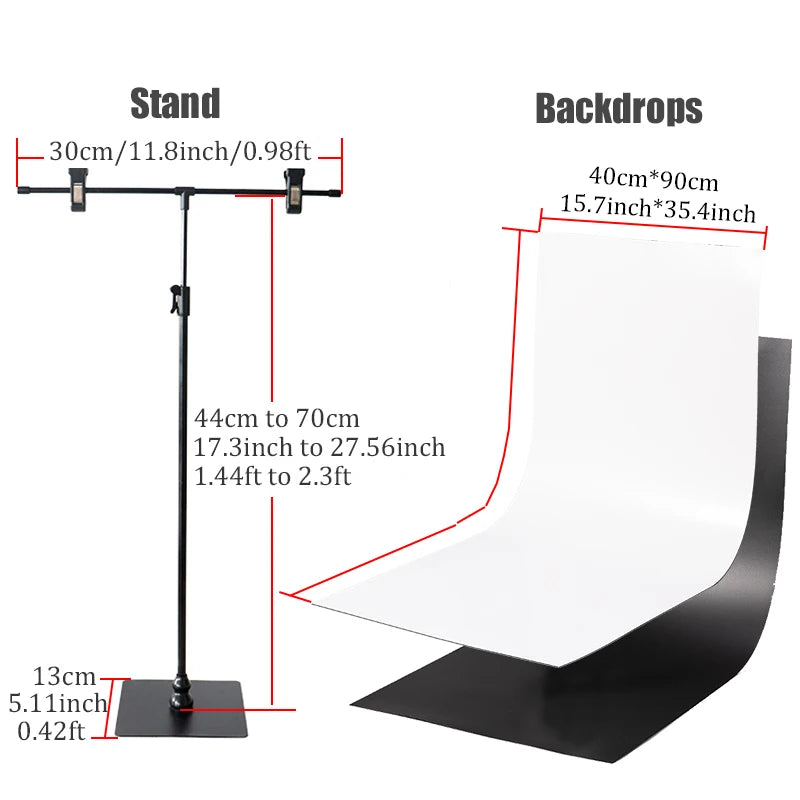 BFOLLOW 30cm T Shape Background Stand with 40cm PVC Backdrop Props for Product Photography Desk Photo Shooting Kit Studio Set