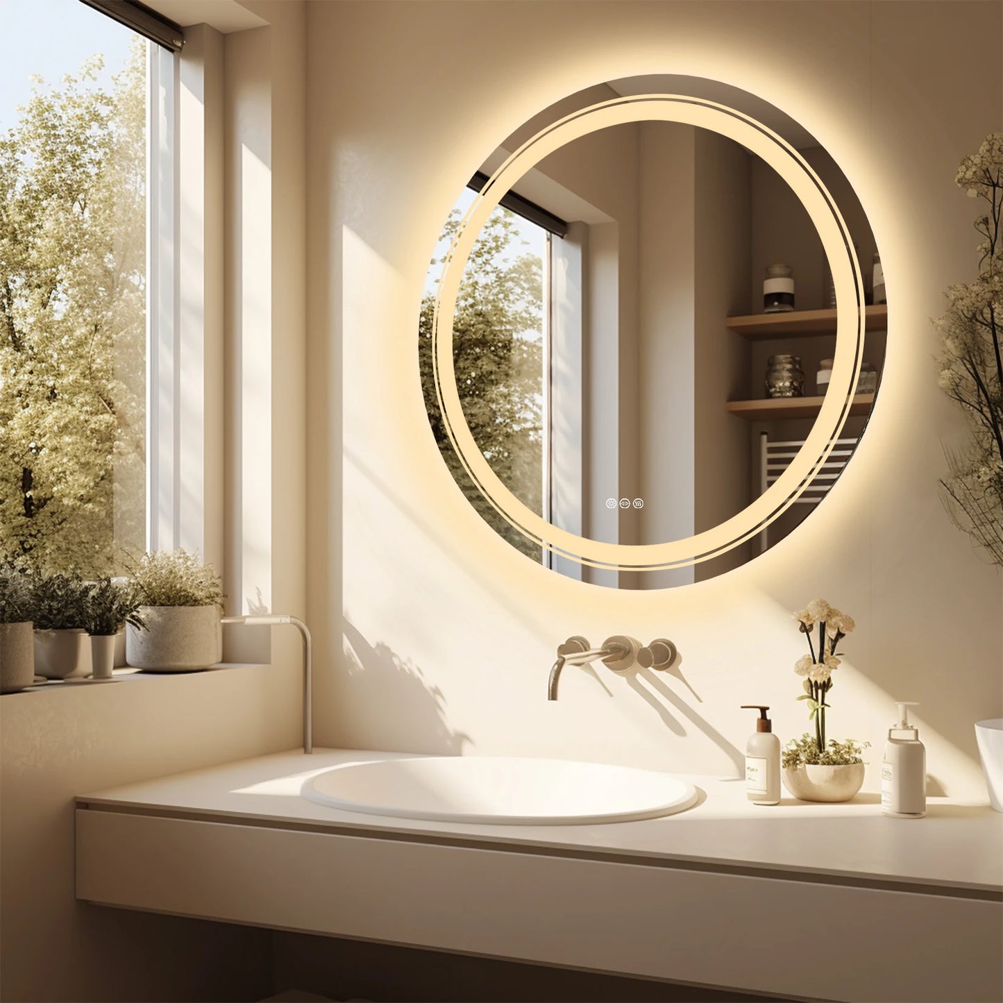 Large Round LED Lighted Bathroom Mirror Wall Mount Vanity Frameless Backlit Touch Dimmer Switch Anti-Fog 3 Color