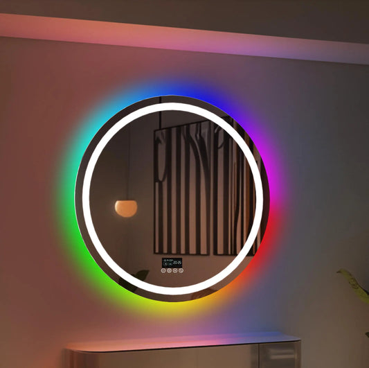 Round/Sqaure RGB LED Bathroom Mirror with Bluetooth Speaker Front-lit and Backlight Wall Dimmable Antifog Vanity Mirror