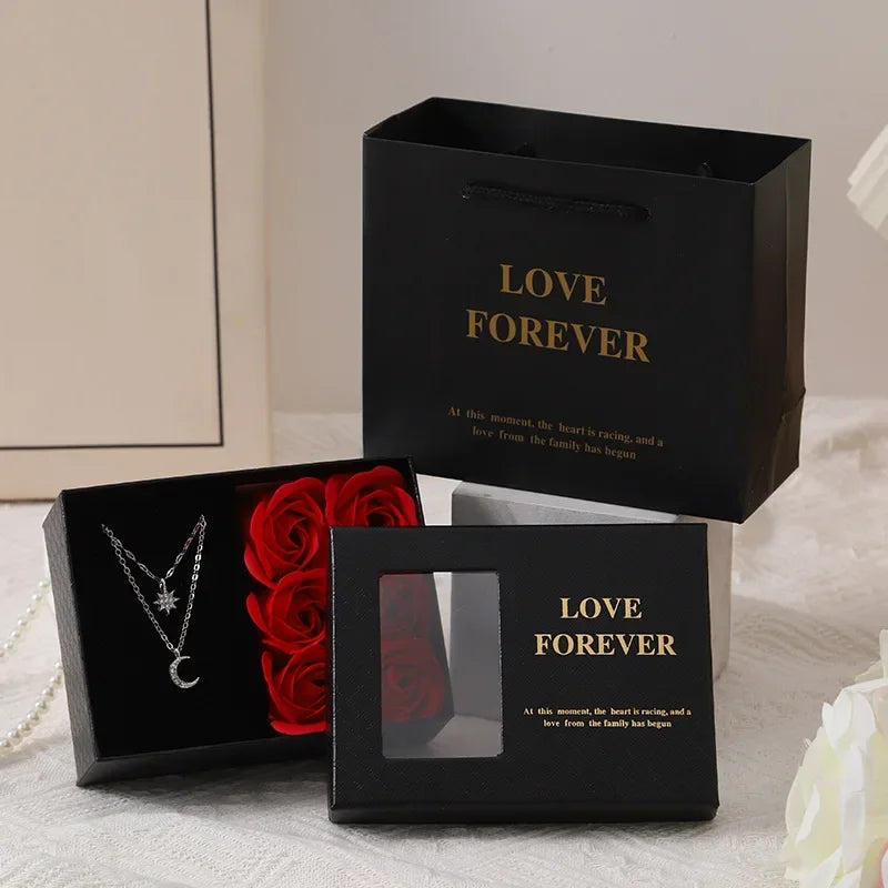 Valentine's Day Jewelry Gift Packaging Box 6 Rose Pendants Ring Bracelet Eternal Flower Window Opening Jewelry Box Romantic Bag