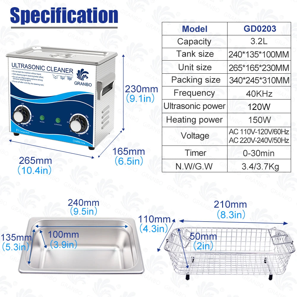 Granbo Ultrasonic Cleaner 3.2L Ultrasound Cleaning Bath 180W Laboratory Ultrasonic Tank Bicycle Chains Cleaning Machine