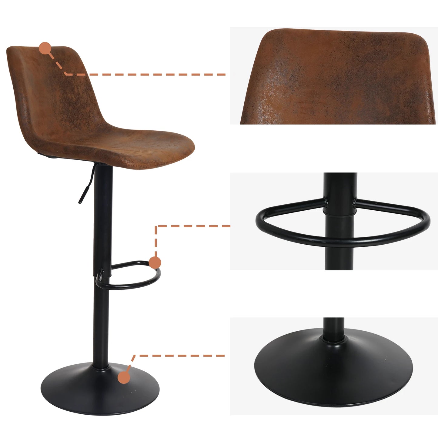 2x Industrial Vintage Tall Bar Stools Adjustable Pipe Kitchen Pub Stool Leather Padded Seat Bar Chair Furniture