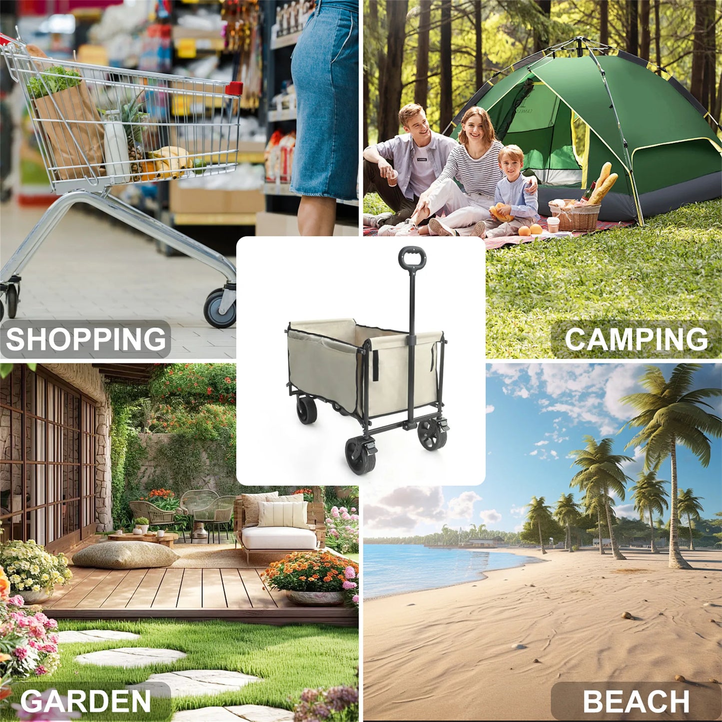 Wisfor 440 Lbs Foldable Wagon Cart , Heavy Duty Metal Garden Cart with Adjustable Handle for Camping Shopping Beach
