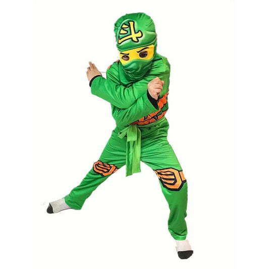 Cartoon-Anime-bedrucktes Ninja-Kostüm-Set für Jungen mit Spielmaske und Ninja-Gabel als Accessoire für Halloween-Partys – lustiges Set für Jungen und Mädchen