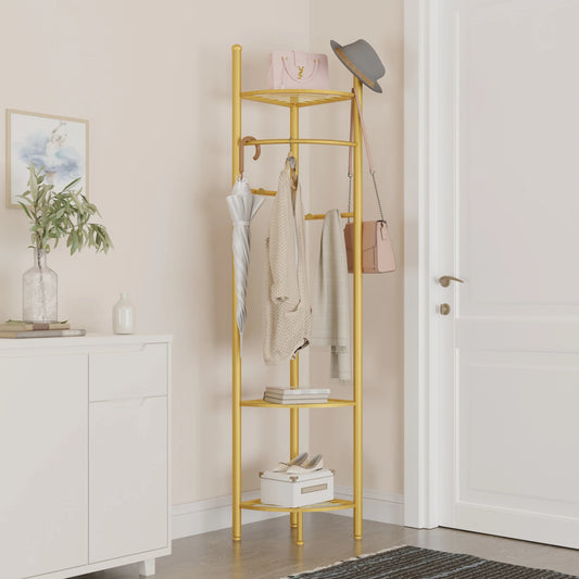 Freestanding Coat Rack with Shelve, Heavy Duty Corner Clothes, Hat Clothes Hall, Tree Stand, Gold Metal, Bedroom, Hallway