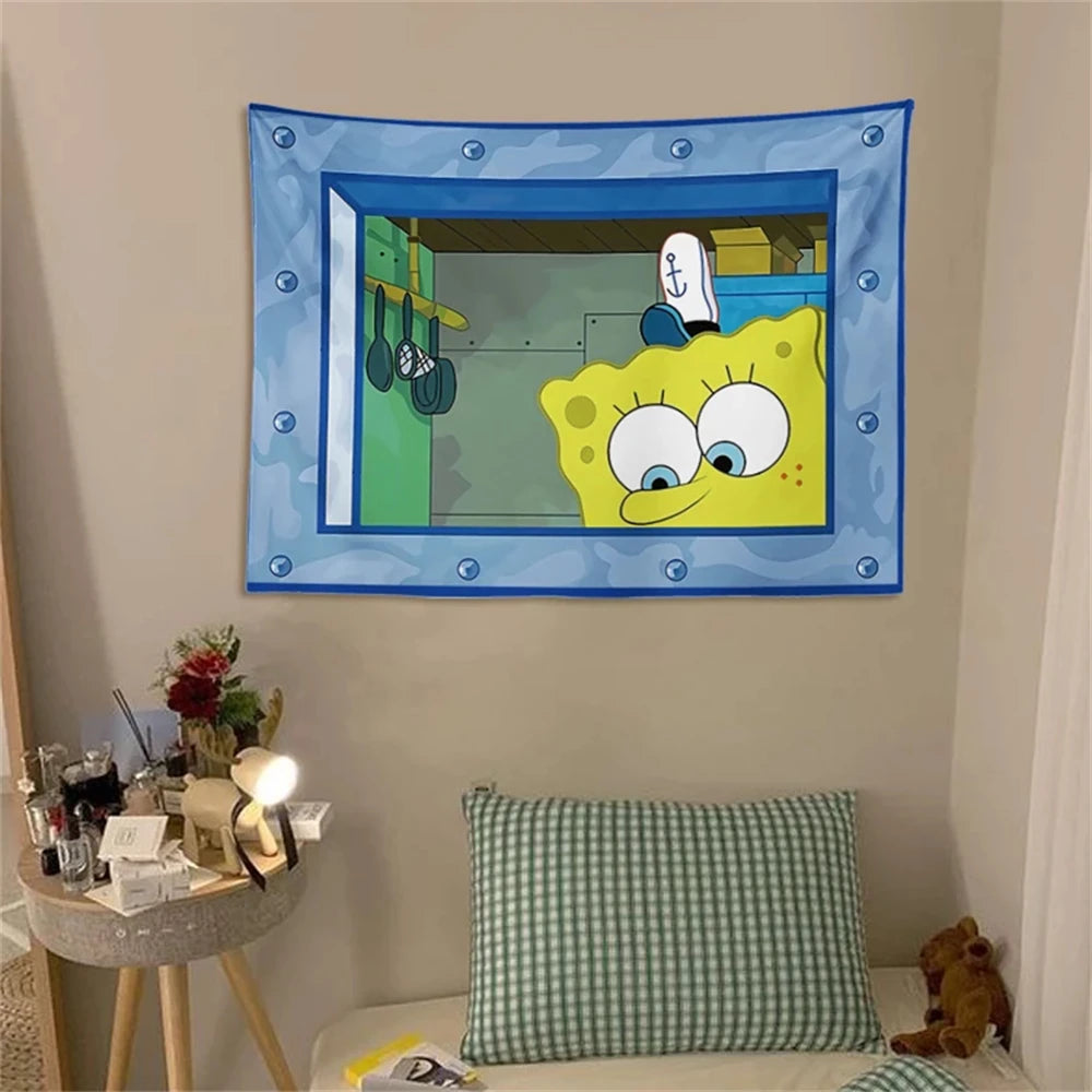 Potdemiel SpongeBob Octopus Brother Cartoon Hanging Cloth Bedroom Wall Decoration Background Cloth Cute and Funny Tapestry