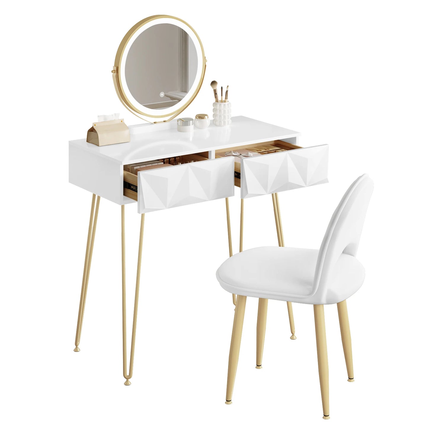 Dressing Table Vanity Cosmetic Table dresser with LED Light in 3 Light Colours Velvet Chair 2 Drawers 360° Rotating Mirror