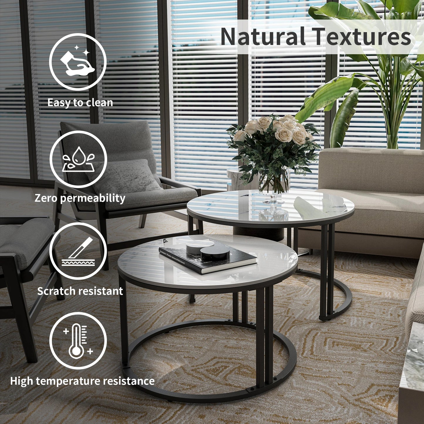 Set of 2 Modern Round Nesting Coffee Table Sintered Stone-top Stacking Sofa Accent Table for Living Rooms Aluminum Frame