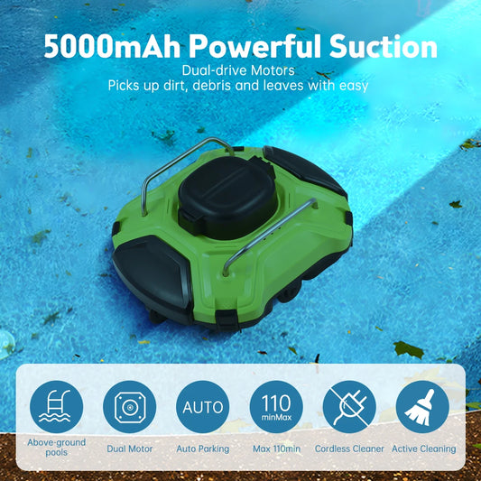 Cordless Robotic Pool Cleaner 30W Waterproof Dual-Drive Motors Automatic Pool Vacuum Self-Parking Rechargeable 200um Fine Filter
