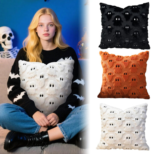 1pcs Halloween Plush Ghost Cushion Pillow Cover 3D Embroidered Decorative Cushion Case for Sofa Home Party Holiday Decoration