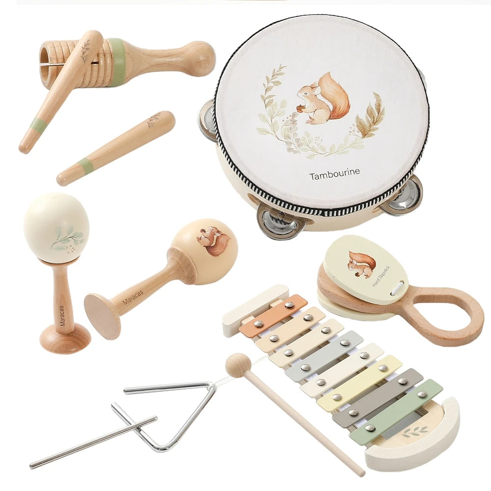 Music Toys Baby Wooden Montessori Toys Children Music Instrument Squirrel Maracas Drum Xylophone Early Education Sensor Toys Set