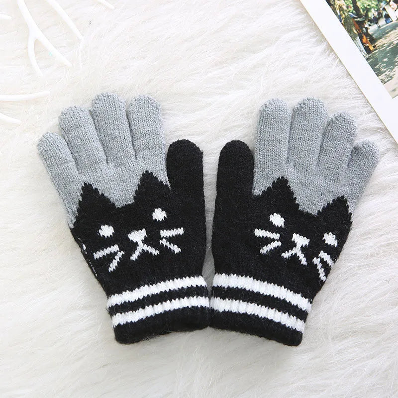 Cute Cartoon Kids Knitted Gloves Thick Fleece Children Five Finger Mittens 4-10Year Boys Girls Winter Hand Warmer Fashion Gloves