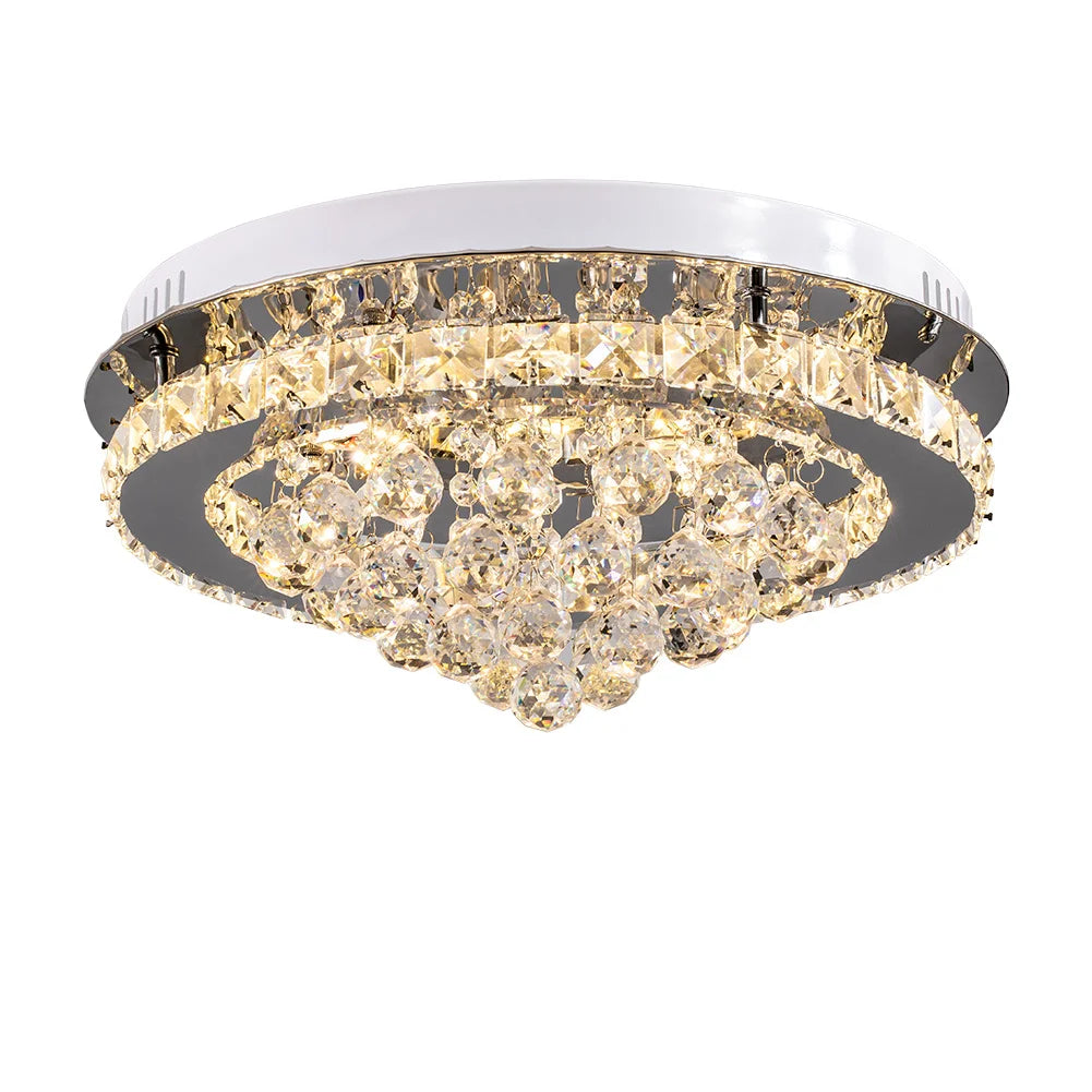 KOMORE Round Crystal-droplets LED Semi Flush Mount Ceiling Light, 36 W Polished Chrome Cool White / Stepless Dimming