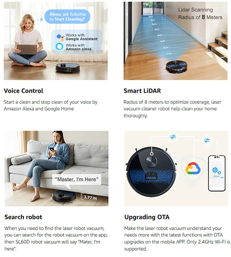 Lubluelu SL60D Saug- und Wischroboter – 4000 Pa Saugkraft, 150 Minuten Laufzeit, leiser Betrieb, 10 Sperrzonen für Teppiche mit Tierhaaren