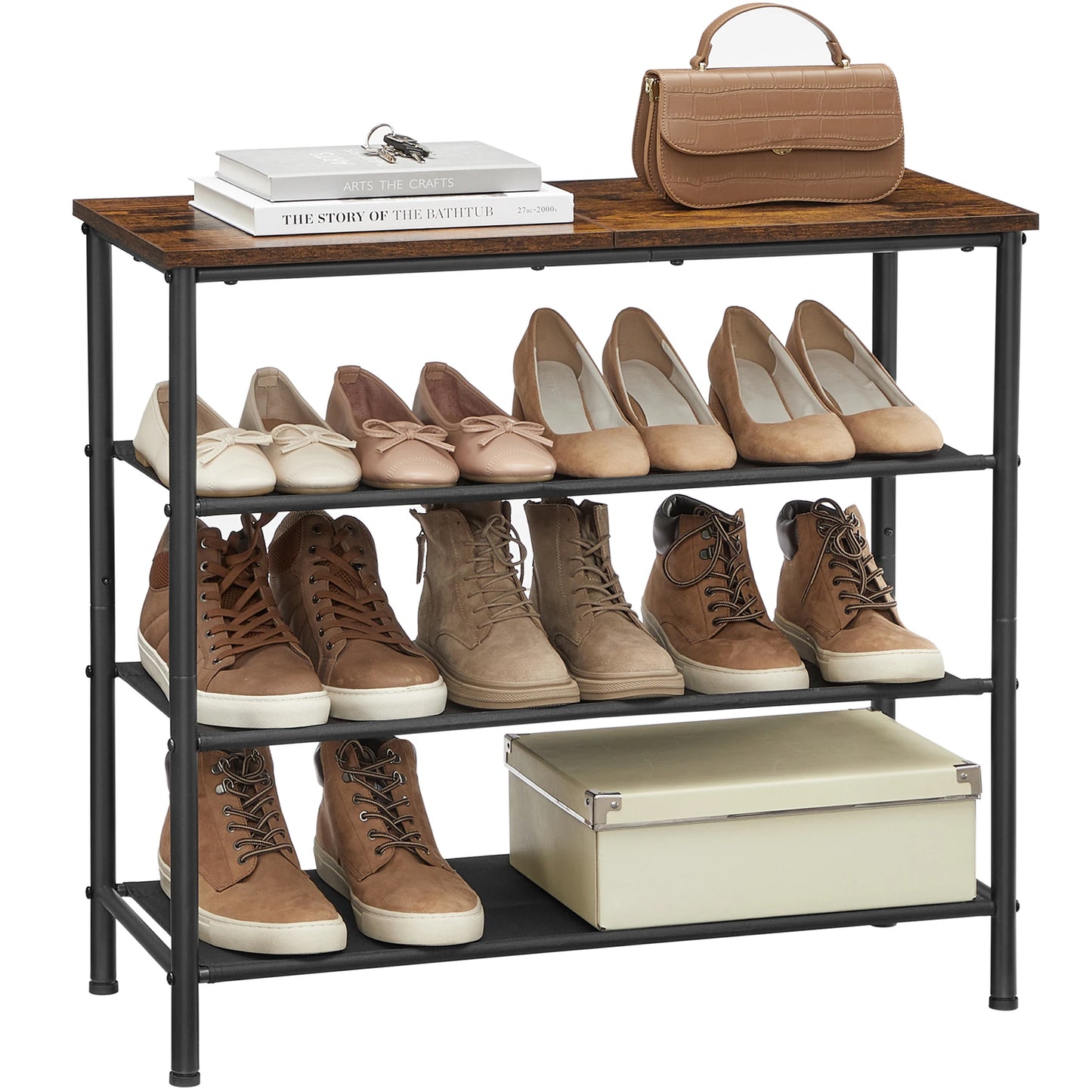 VASAGLE Shoe Rack 4 Tier, Narrow Shoe Storage Organiser, with 3 Fabric Shelves and Top for Bags, Steel Frame