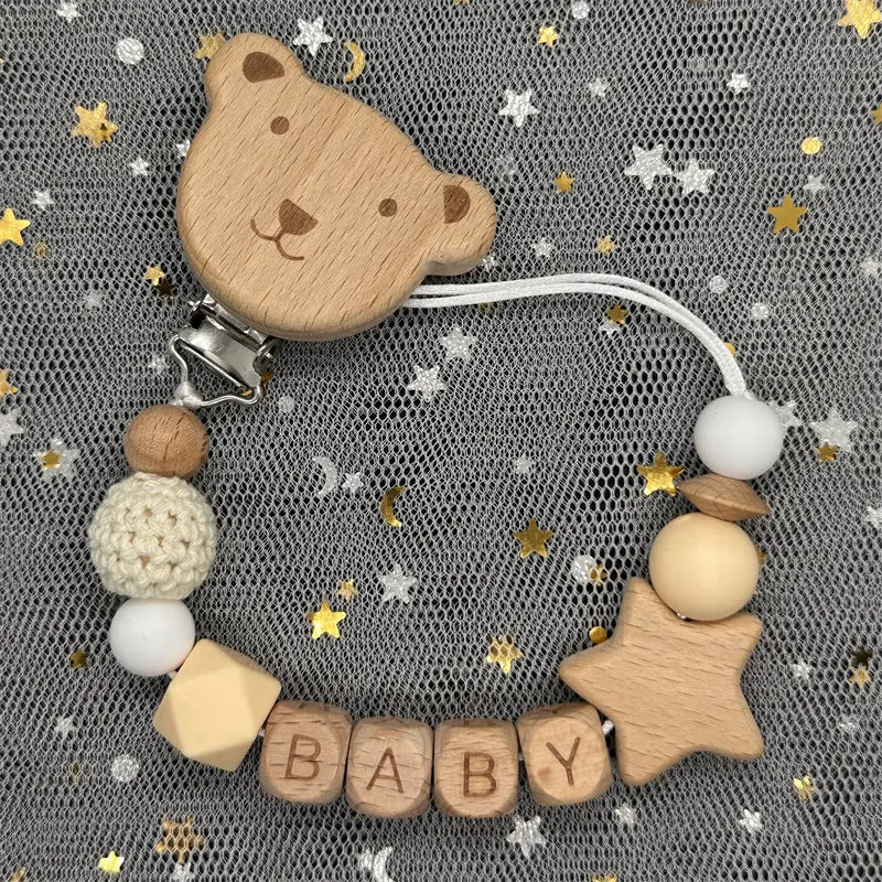 NEW Custom Name Wooden Personalized Baby Pacifier Chain Beech Bead Dummy Nipple Holder Guard Teether Pendant Newborn Mother Gift