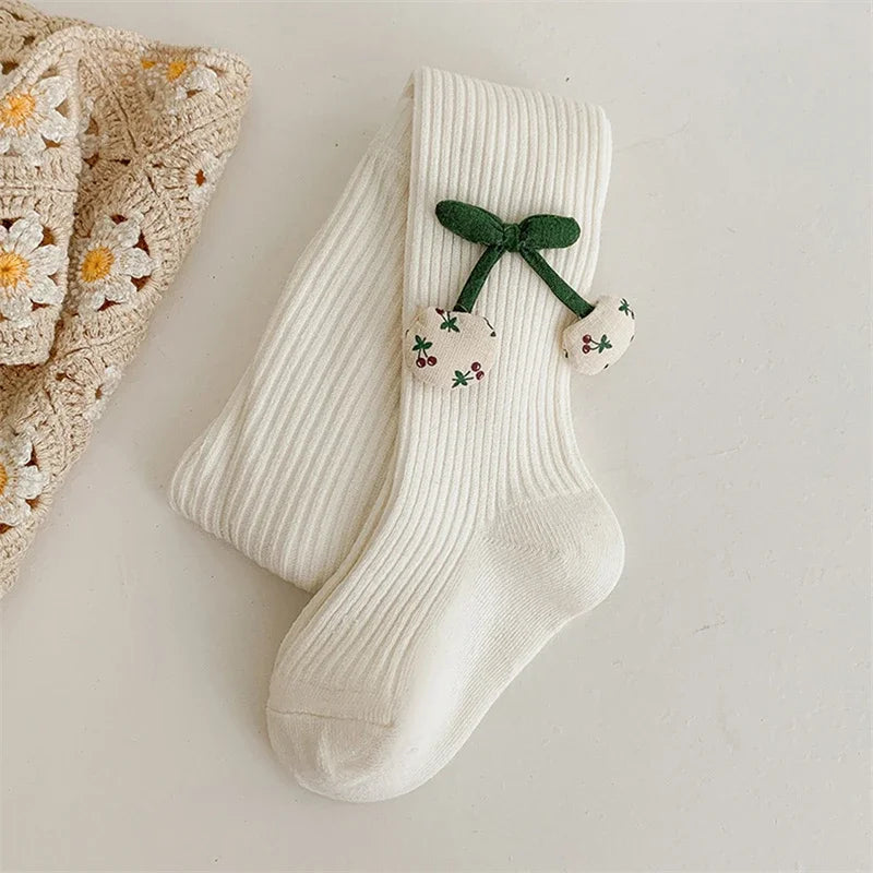 Girls Cotton Tights with Cherry Pattern - Soft Pantyhose for Kids Ages 2-10 Years