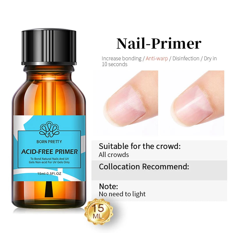 BORN PRETTY 15ml Nail Primer Nail Prep Dehydrate Base Top Coat Gel Nail Polish No Need Of UV LED Lamp Nail Art Varnish Manicure