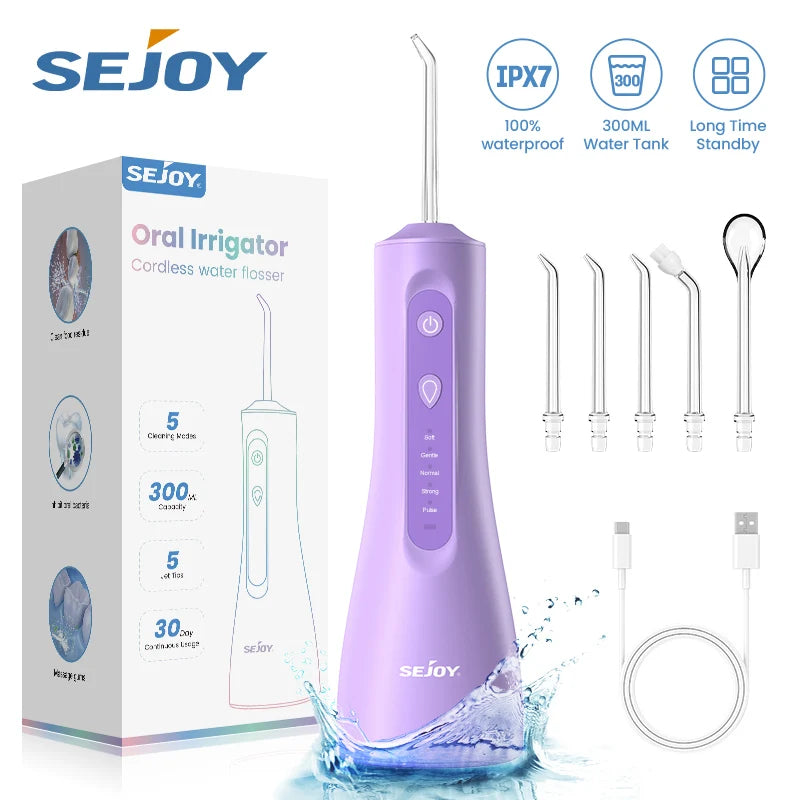 Sejoy Electric Water Flosser Tooth Clean USB Rechargeable Power Dental Irrigator 300ML Water Tank Auto-Off 5 Cleaning Modes