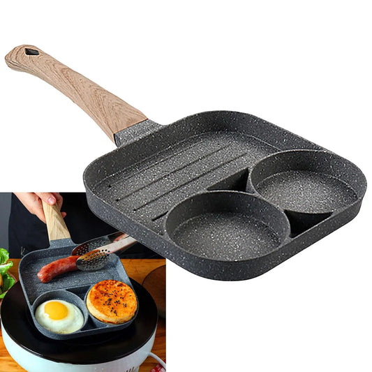 Egg Frying Pan Non Stick 3-Cup Burger Steak Pancake Sausage Omelet Breakfast Cooker Pan with Long Handle Cooking Tool