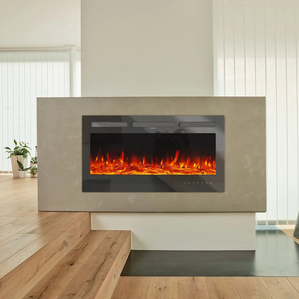 KOMORE Recessed/Wall Mounted Electric Fireplace Adjustable Flame with Remote 102cm 1800W Flame Effect Overheat Protection