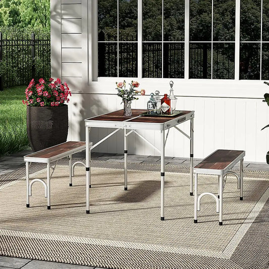 Outdoor Adjustable Picnic Table with Two Benches Parasol Hole Camping Table Foldable