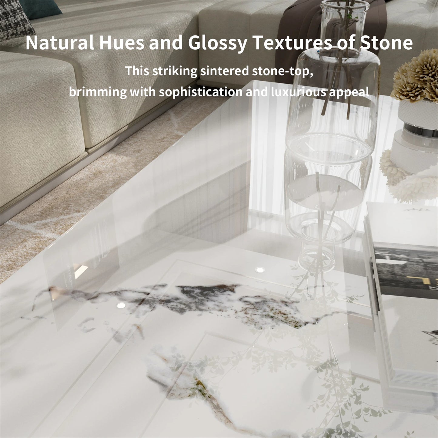 Rechteckiger Couchtisch mit Tuschemalerei-Textur, moderner Chic, Beistelltisch neben dem Sofa, Tischplatte aus Sinterstein, Aluminiumgestell