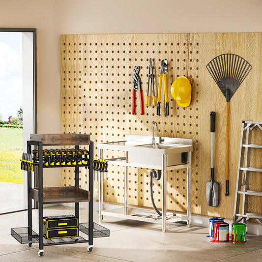 Rolling Power Tool Organizer Cart, Storage Cart on Wheels , with Drill Rack, Open Tool Organizer, Heavy Duty, 4 Tier