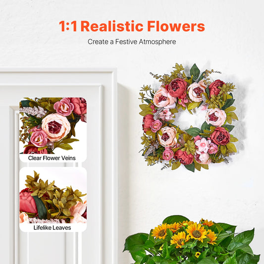 VEVOR Artificial Decorative Wreath Decorated with Peonies Hydrangeas Babysbreath Year Round Wreath for Wall Wedding Decorations