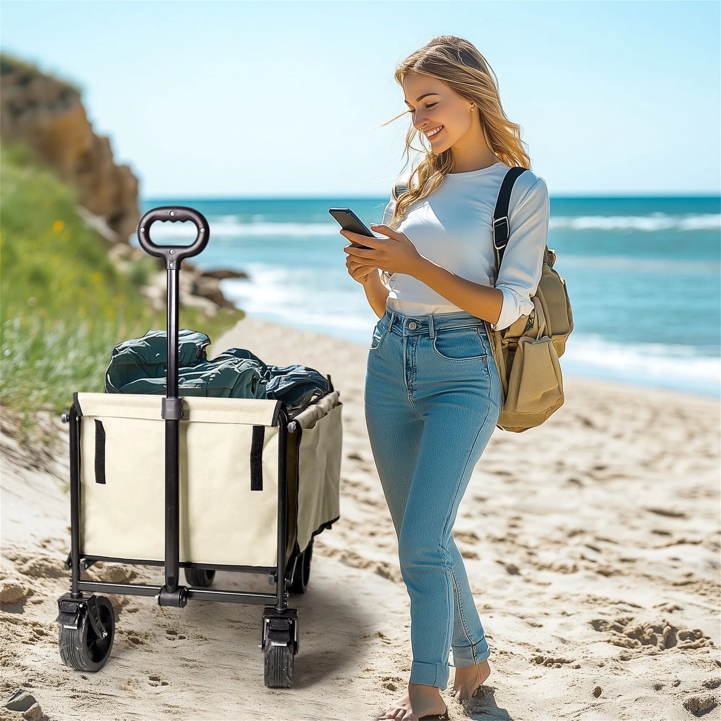Wisfor 440 Lbs Foldable Wagon Cart , Heavy Duty Metal Garden Cart with Adjustable Handle for Camping Shopping Beach