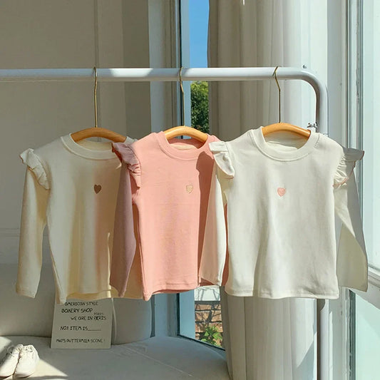 Spring Girl Children Heart Print T shirt Princess Baby Solid Ribbed Bottoming Shirt Kid Casual Cotton Tees Clothes